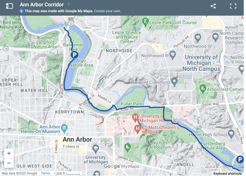 This scenic 5.6 mile segment of the B2B Trail travels along the Huron River as it passes through the City of Ann Arbor.
