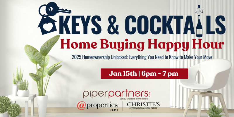 Keys & Cocktails Home Buying Happy Hour promotional banner featuring a cozy interior with houseplants and a modern chair. Event details: January 15th, 6 PM - 7 PM.