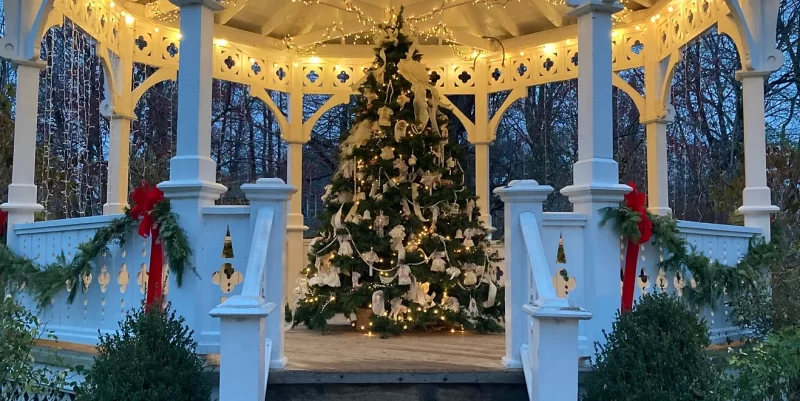 Photo of decorated christmas tree in a pavilion in Northville Michigan 